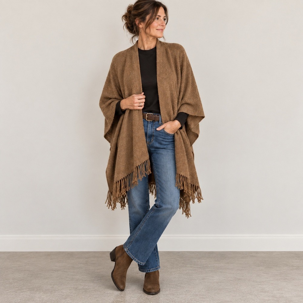 J. Jill Brown Heathered Knit Open Front Fringe Poncho Sweater One Size OS Boho